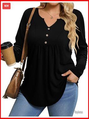 Plus Size Long Sleeve Tunic Top V-Neck Button Up Dressy Casual Blouse 1X-5X